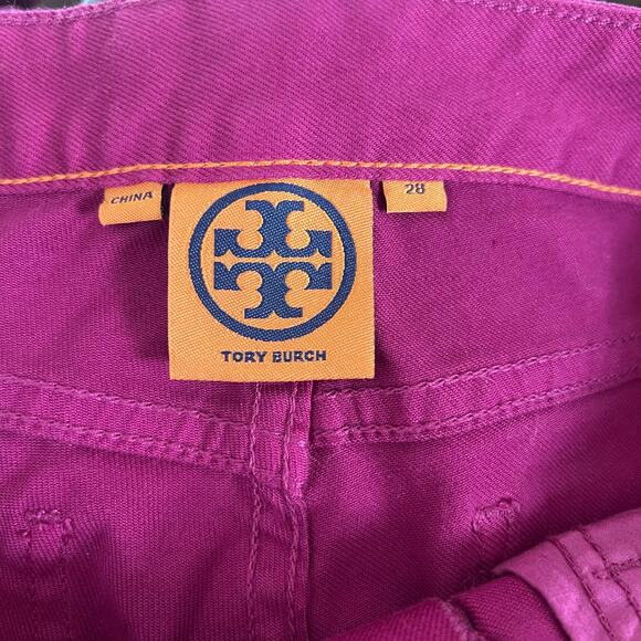 Tory Burch Alexa Cropped Skinny women’s fushia golden buttons jeans pants - Picture 10 of 14